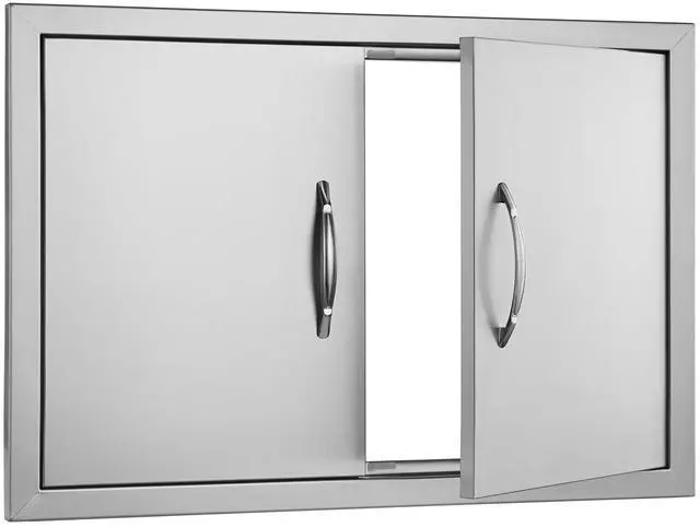 Alt view image 6 of 7 - BBQ Access Door, 28W x 19H Inch Double Outdoor Kitchen Door, Stainless Steel Flush Mount Door, Wall Vertical Door with Handles, for BBQ Island, Grilling Station, Outside Cabinet