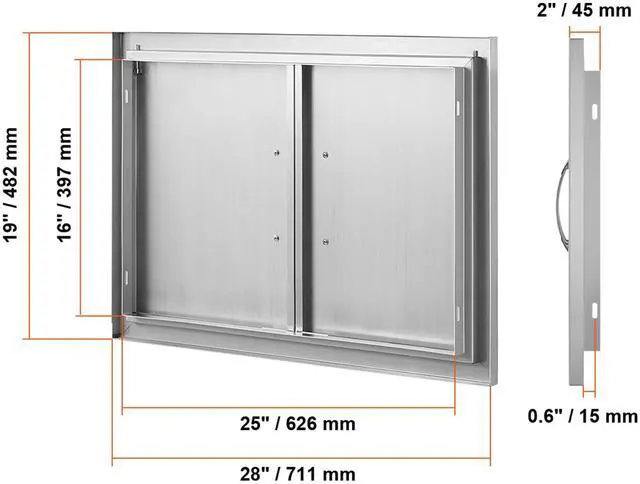 Alt view image 7 of 7 - BBQ Access Door, 28W x 19H Inch Double Outdoor Kitchen Door, Stainless Steel Flush Mount Door, Wall Vertical Door with Handles, for BBQ Island, Grilling Station, Outside Cabinet