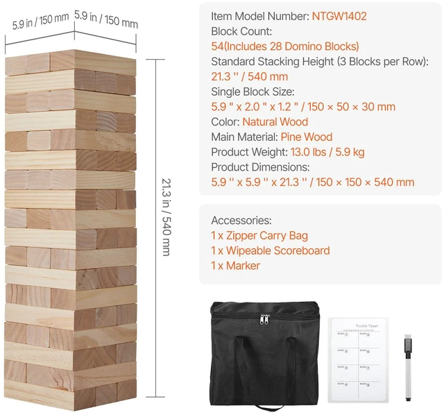 Alt view image 3 of 7 - Tumbling Timber Toy 54 Blocks Large Tumble Tower Blocks Game Pine Wood Bag