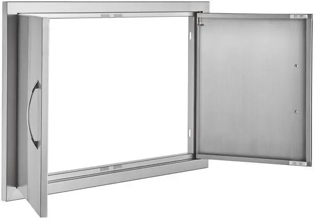 Alt view image 3 of 7 - BBQ Access Door, 28W x 19H Inch Double Outdoor Kitchen Door, Stainless Steel Flush Mount Door, Wall Vertical Door with Handles, for BBQ Island, Grilling Station, Outside Cabinet