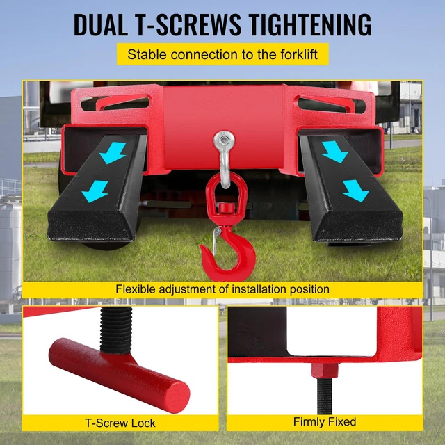 Alt view image 5 of 7 - Forklift Lifting Hook, 6600lbs Capacity Forklift Lifting Hoist, Red Forklift Mobile Crane with Swivel Hook and Two Large T-Screws, Hook Forklift Lifting Hoist, Fork Lifting Attachment