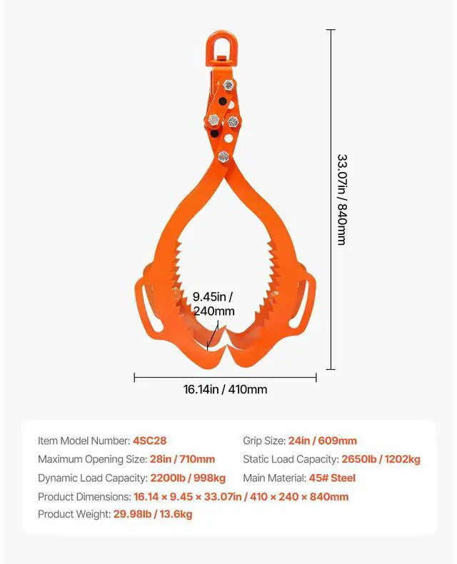 Alt view image 5 of 7 - 28in Log Lifting Tongs 4 Claw Solid Steel Log Grapple Swivel Log Tools