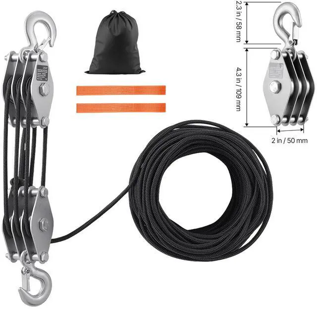 Alt view image 2 of 7 - 4400 lbs Rope Hoist Pulley System Block and Tackle 5:1 Lifting Ratio 100 ft Rope
