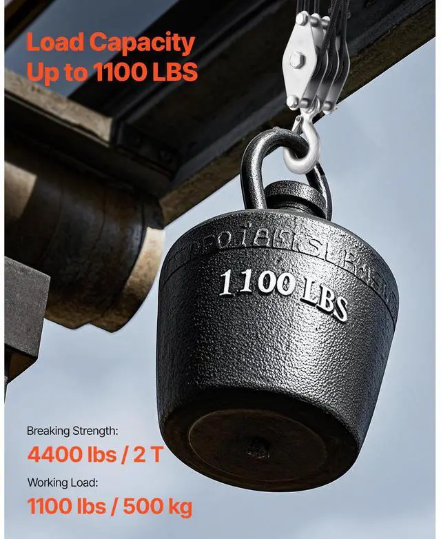 Alt view image 3 of 7 - 4400 lbs Rope Hoist Pulley System Block and Tackle 5:1 Lifting Ratio 100 ft Rope