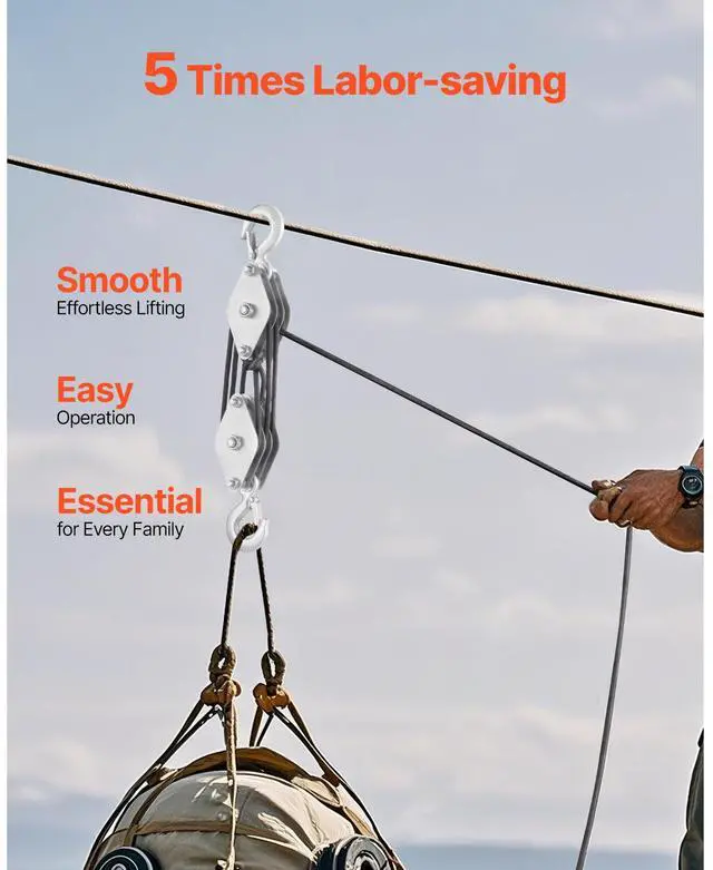 Alt view image 4 of 7 - 4400 lbs Rope Hoist Pulley System Block and Tackle 5:1 Lifting Ratio 100 ft Rope