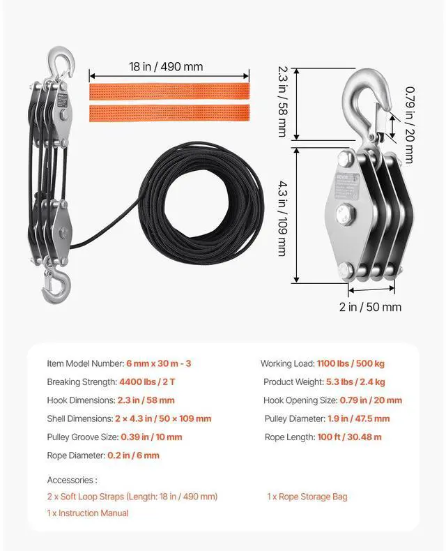 Alt view image 5 of 7 - 4400 lbs Rope Hoist Pulley System Block and Tackle 5:1 Lifting Ratio 100 ft Rope