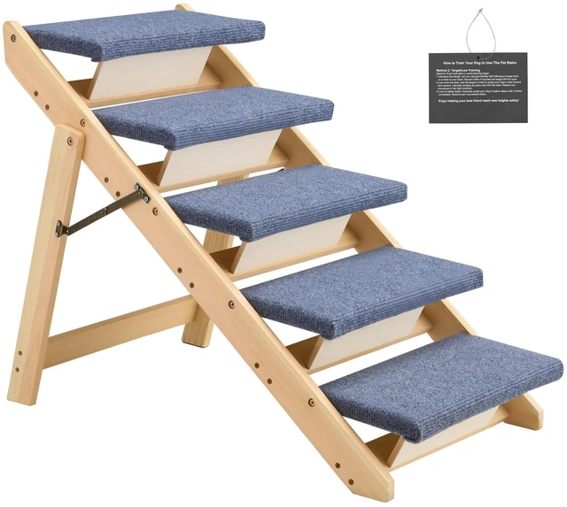 Main image of Wood Pet Stairs, 5-Step Dog Stairs for Beds, Sofa & Cars, 150lbs Load Capacity, Floded Flat Design, Stable & Sturdy Cat & Dog Step Ladder for Small Medium Large Older Pet Puppy Essentials