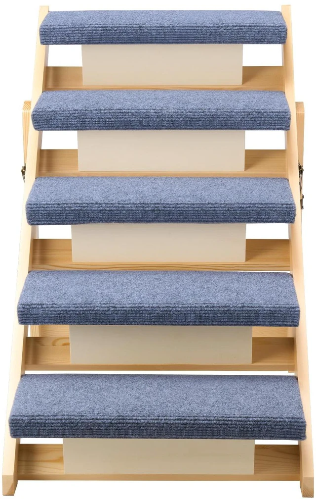 Alt view image 2 of 7 - Wood Pet Stairs, 5-Step Dog Stairs for Beds, Sofa & Cars, 150lbs Load Capacity, Floded Flat Design, Stable & Sturdy Cat & Dog Step Ladder for Small Medium Large Older Pet Puppy Essentials