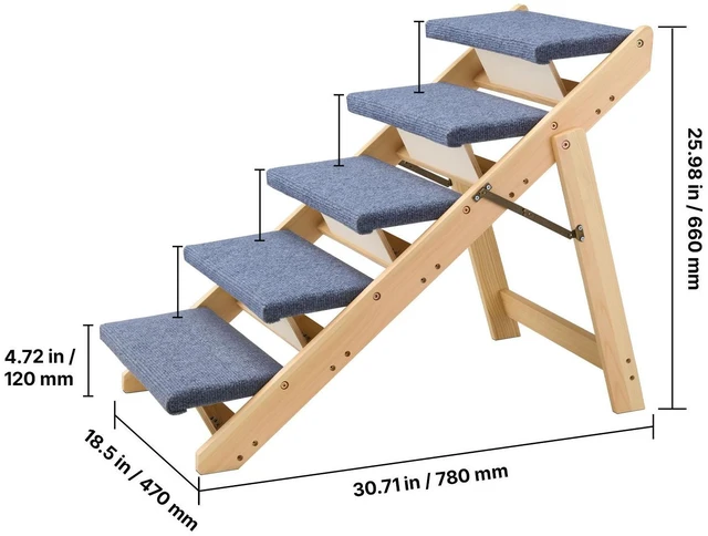 Alt view image 3 of 7 - Wood Pet Stairs, 5-Step Dog Stairs for Beds, Sofa & Cars, 150lbs Load Capacity, Floded Flat Design, Stable & Sturdy Cat & Dog Step Ladder for Small Medium Large Older Pet Puppy Essentials