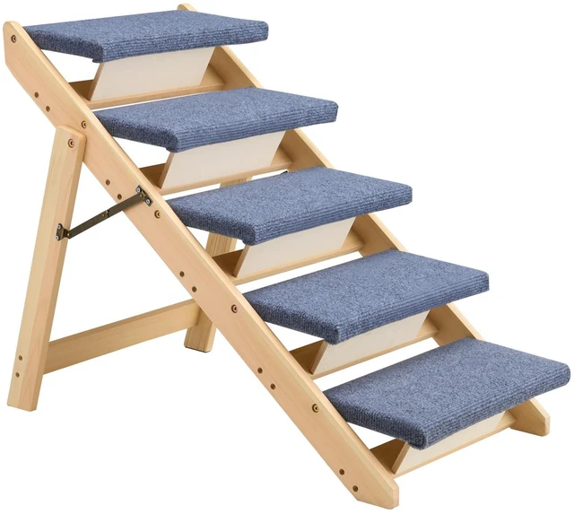 Alt view image 4 of 7 - Wood Pet Stairs, 5-Step Dog Stairs for Beds, Sofa & Cars, 150lbs Load Capacity, Floded Flat Design, Stable & Sturdy Cat & Dog Step Ladder for Small Medium Large Older Pet Puppy Essentials