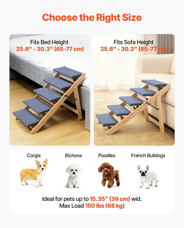 Alt view image 6 of 7 - Wood Pet Stairs, 5-Step Dog Stairs for Beds, Sofa & Cars, 150lbs Load Capacity, Floded Flat Design, Stable & Sturdy Cat & Dog Step Ladder for Small Medium Large Older Pet Puppy Essentials