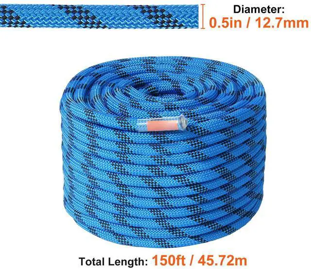Alt view image 7 of 7 - 12.7mm Static Climbing Rope, 45.7M(150ft) Outdoor Rock Climbing Rope 32KN Breaking Tension, Fiber Rope with Steel Snap Hooks for Escape, Rappelling, Fire Rescue, Blue