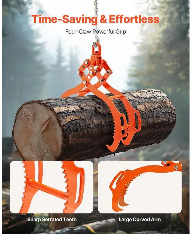Alt view image 4 of 7 - 28in Log Lifting Tongs 4 Claw Solid Steel Log Grapple Swivel Log Tools
