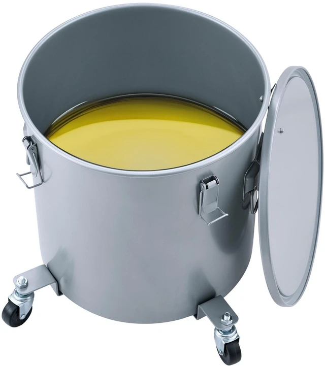 Alt view image 3 of 5 - Fryer Grease Bucket, 8 Gal Oil Disposal Caddy with Caster Base, Carbon Steel with Rust-Proof Coating, Oil Transport Container with Lid, Lock Clips, Filter Bag for Hot Cooking Oil Filtering, Gray