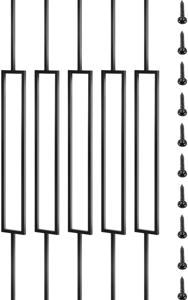 Main image of Deck Balusters, 10 Pack Metal Deck Spindles, 44"x0.5" Staircase Baluster with Screws, Iron Deck Railing for Wood and Composite Deck, Stylish Black Baluster for Outdoor Stair Deck Porch