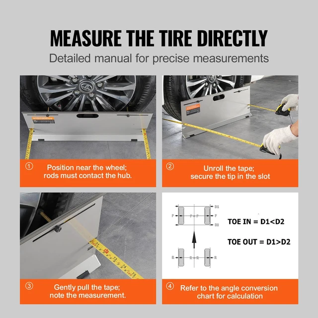 Alt view image 5 of 7 - Wheel Alignment Tool, 2-Pack Alignment Tool Toe Plates, Stainless Steel Toe Angle Measurement Tool Plate, 4 Alignment Rods and Magnetic Slots, Includes Measuring Tapes & Conversion Chart