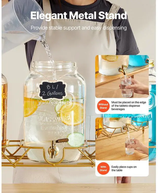 Alt view image 3 of 6 - Drink Dispenser 2 Gal Beverage Dispenser for Parties Glass with Stand 3PCS