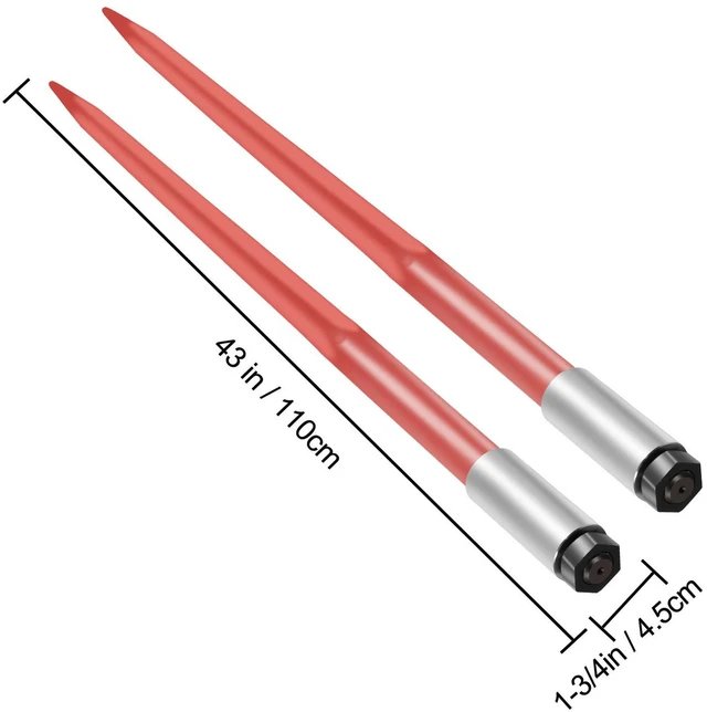 Alt view image 3 of 7 - Pair Hay Spear 43" Bale Spear 3000 lbs Capacity, Bale Spike Quick Attach Square Hay Bale Spears 1 3/4", Red Coated Bale Forks, Bale Hay Spike with Hex Nut & Sleeve for Buckets Tractors Loaders
