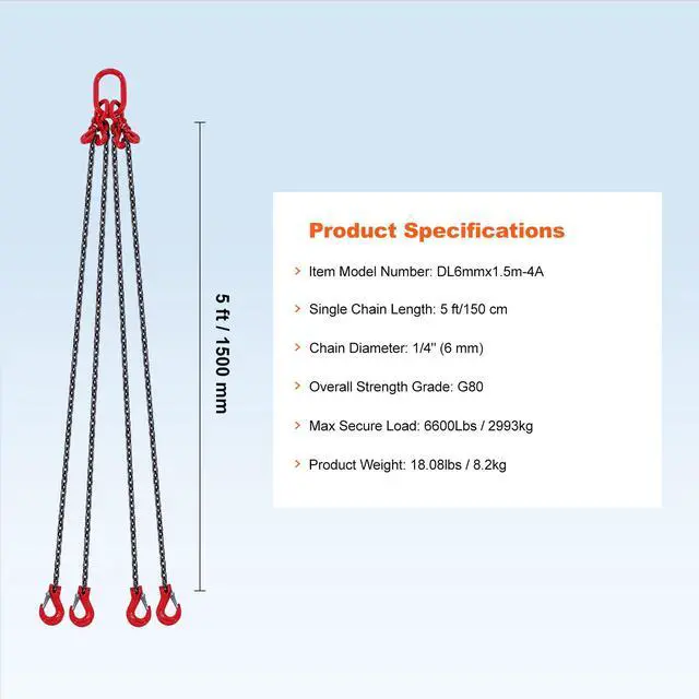 Alt view image 7 of 7 - 1/4" x 5' Chain Sling 4 Legs G80 Lifting Chain with Grab Hooks 6600 lbs