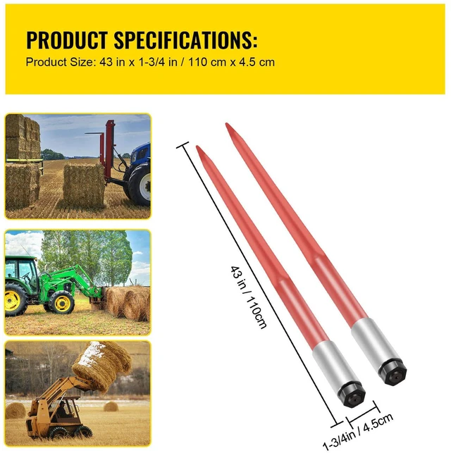 Alt view image 5 of 7 - Pair Hay Spear 43" Bale Spear 3000 lbs Capacity, Bale Spike Quick Attach Square Hay Bale Spears 1 3/4", Red Coated Bale Forks, Bale Hay Spike with Hex Nut & Sleeve for Buckets Tractors Loaders