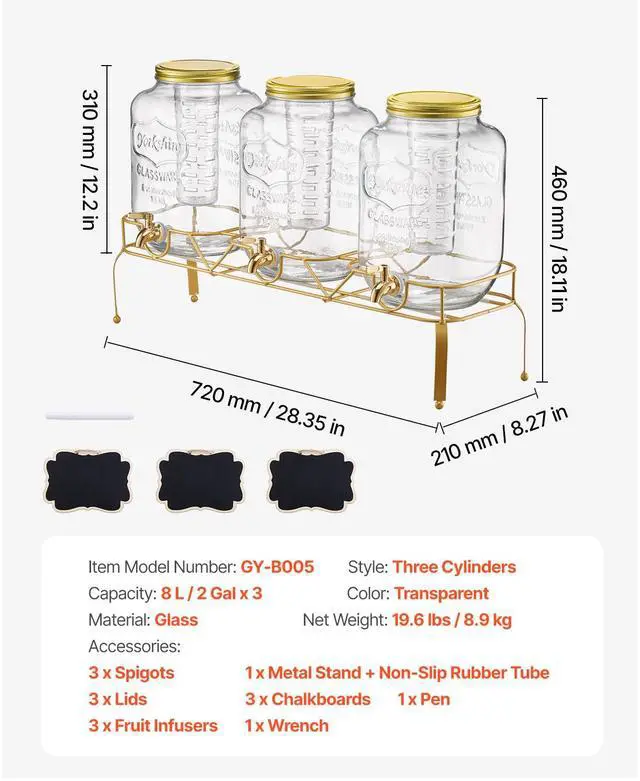 Alt view image 6 of 6 - Drink Dispenser 2 Gal Beverage Dispenser for Parties Glass with Stand 3PCS