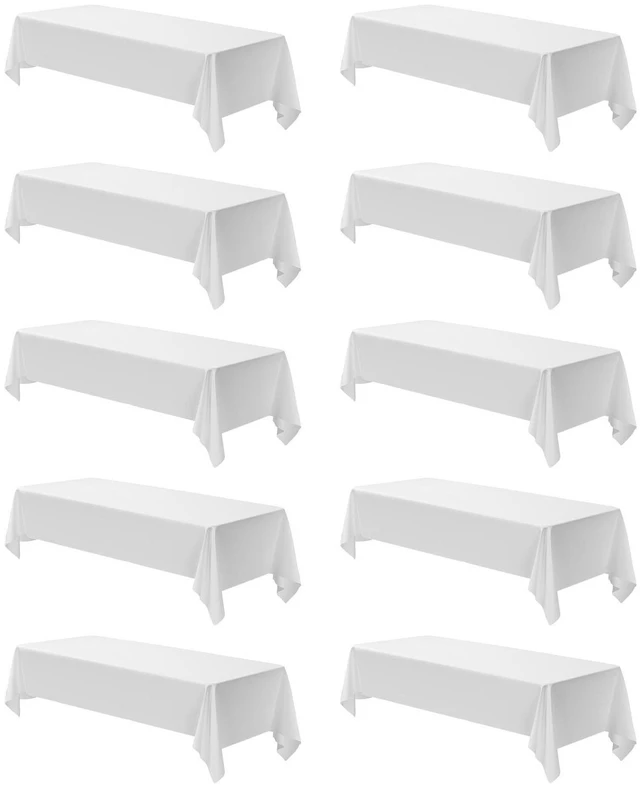 Main image of White Tablecloths for Rectangle Tables, 10 Pack, 60 x 102 Inches, Reusable and Machine Washable Table Clothes, Wrinkle-Resistant Polyester Fabric Table Covers for Wedding, Party, Banquet