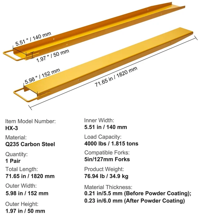 Alt view image 6 of 7 - Pallet Fork Extensions, 72" Length 5.5" Width, Heavy Duty Carbon Steel Fork Extensions for Forklifts, 1 Pair Forklift Extensions, Industrial Forklift Fork Attachments for Forklift Truck, Yellow
