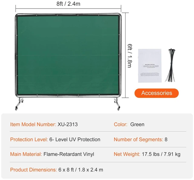 Alt view image 5 of 6 - Welding Screen with Frame, 6' x 8' Welding Curtain Screen, Flame-Resistant Vinyl Welding Protection Screen on 4 Swivel Wheels (2 Lockable), Moveable & Professional for Workshop/Industrial, Green