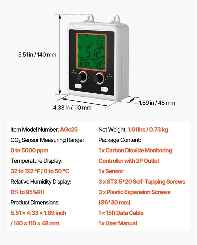 Alt view image 6 of 7 - Carbon Dioxide Monitoring Controller, Dual Outlets Carbon Dioxide Controller, CO2 Meter Monitor Day and Night Detection Feature, NDIR CO2 Sensor for Green House, Laboratories, Classrooms, Home