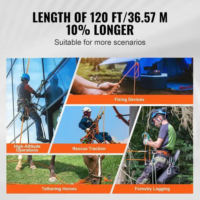 Alt view image 5 of 7 - Double Braided Polyester Rope, 1/2 in x 120 ft, 48 Strands, 8000 LBS Breaking Strength Outdoor Climbing Rope, Arborist Rigging Rope for Rock Hiking Camping Swing Rappelling Rescue, Orange/Black