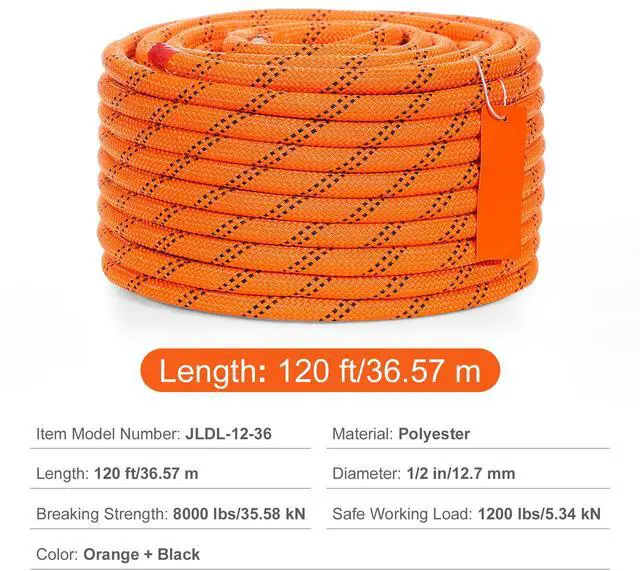 Alt view image 6 of 7 - Double Braided Polyester Rope, 1/2 in x 120 ft, 48 Strands, 8000 LBS Breaking Strength Outdoor Climbing Rope, Arborist Rigging Rope for Rock Hiking Camping Swing Rappelling Rescue, Orange/Black