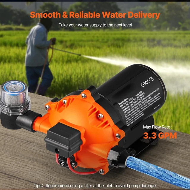 Alt view image 2 of 7 - Water Diaphragm Pump, 110V AC, 3.3 GPM Flow, 45 PSI Rated Pressure (40-80 PSI Adjustable), 1/2" MNPT Self Priming Sprayer Pump with Pressure Switch for RV Camper Marine Boat Lawn, FCC Certified