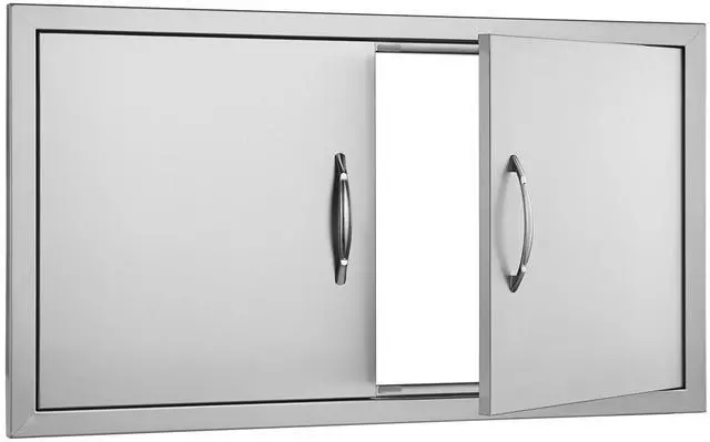 Alt view image 2 of 7 - BBQ Access Door, 34W x 19H Inch Double Outdoor Kitchen Door, Stainless Steel Flush Mount Door, Wall Vertical Door with Handles, for BBQ Island, Grilling Station, Outside Cabinet