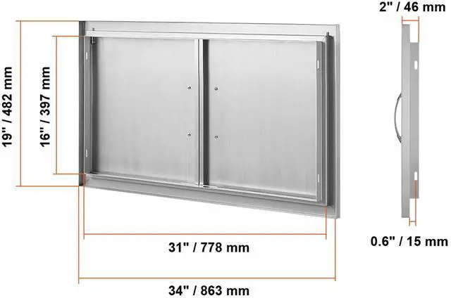 Alt view image 6 of 7 - BBQ Access Door, 34W x 19H Inch Double Outdoor Kitchen Door, Stainless Steel Flush Mount Door, Wall Vertical Door with Handles, for BBQ Island, Grilling Station, Outside Cabinet