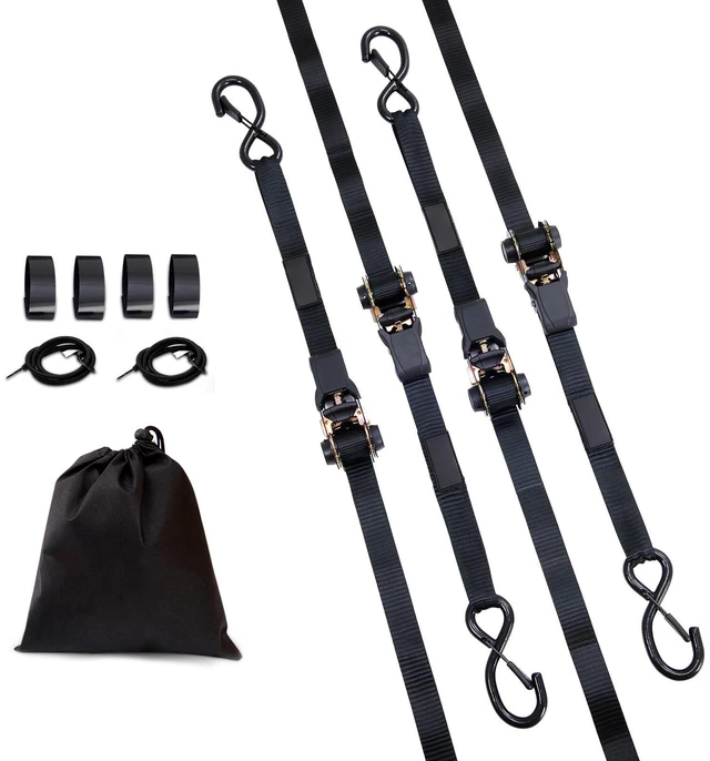 Main image of Ratchet Tie Down Straps (4PK), 2200 lb Max Break Strength, Includes 4 Premium 1" x 15' Rachet Tie Downs with Padded Handles, for Moving Securing Cargo, Appliances, Lawn Equipment, Motorcycle