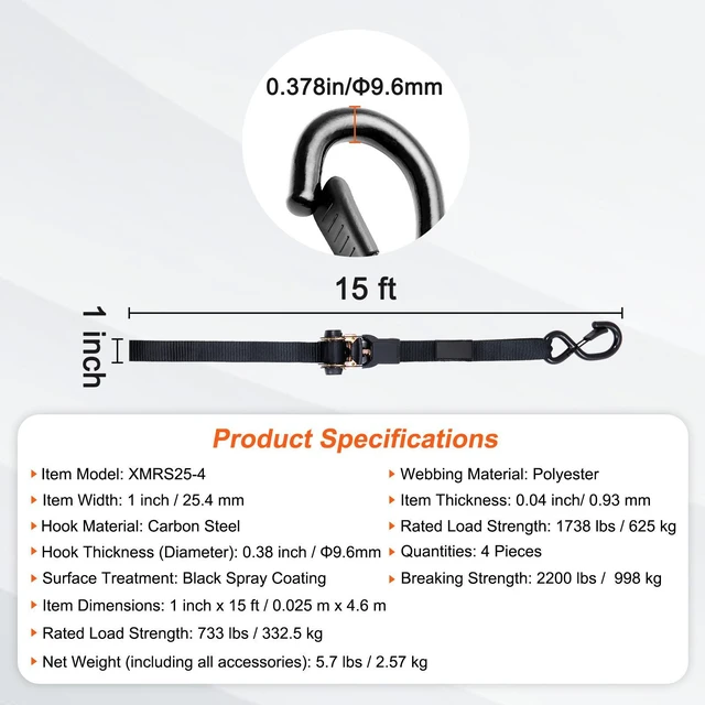 Alt view image 5 of 7 - Ratchet Tie Down Straps (4PK), 2200 lb Max Break Strength, Includes 4 Premium 1" x 15' Rachet Tie Downs with Padded Handles, for Moving Securing Cargo, Appliances, Lawn Equipment, Motorcycle