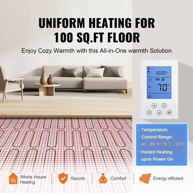 Alt view image 4 of 7 - Floor Heating Mat, 100 Sq. ft, Electric Radiant In-Floor Heated Warm System with Digital Floor Sensing Thermostat, Includes Installation Monitor, Adhesive Back for Easy Installation on The Floor