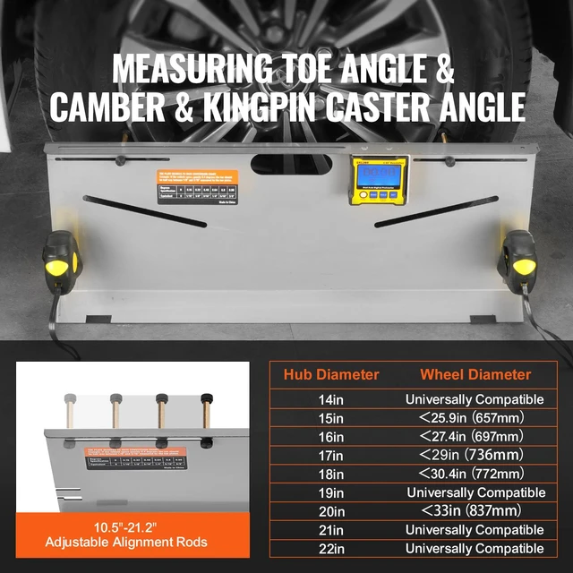 Alt view image 2 of 6 - Wheel Alignment Tool, 2-Pack Toe Plates, Camber/Caster/Toe Gauge 0.1° Accuracy, Stainless Steel Tool Plate, Magnetic Slots and 6 Alignment Rods, Includes 2 Measuring Tapes & Conversion Chart