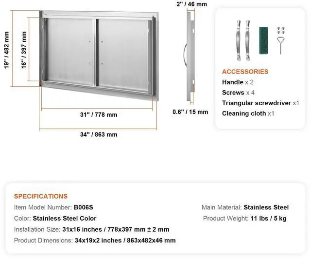 Alt view image 3 of 7 - BBQ Access Door, 34W x 19H Inch Double Outdoor Kitchen Door, Stainless Steel Flush Mount Door, Wall Vertical Door with Handles, for BBQ Island, Grilling Station, Outside Cabinet