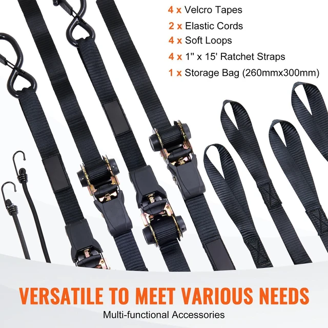Alt view image 6 of 7 - Ratchet Tie Down Straps (4PK), 2200 lb Max Break Strength, Includes 4 Premium 1" x 15' Rachet Tie Downs with Padded Handles, for Moving Securing Cargo, Appliances, Lawn Equipment, Motorcycle