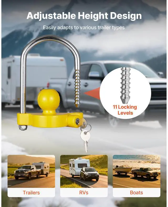 Alt view image 3 of 7 - Trailer Hitch Lock Kit, Fits for 1-7/8 in, 2 in, 2-5/16 in Couplers, Heavy-Duty Anti-Theft Trailer Ball Lock with Keys, Prying-Resistant, Adjustable Height Design for RVs, Boats, Trailers