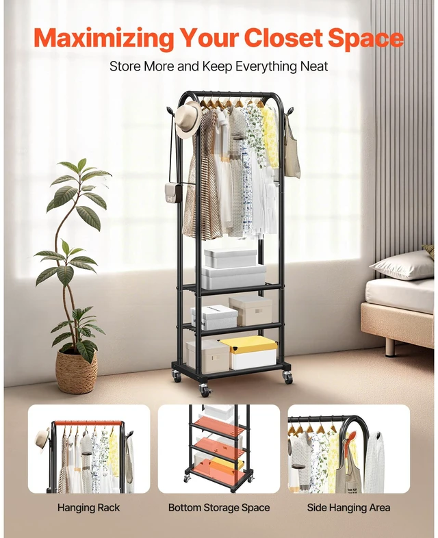 Alt view image 5 of 7 - Clothes Rack, Rolling Clothing Garment Rack with Hanging Rod and Side Hooks, 3 Storage Shelves, 99 lbs Load Capacity, Heavy Duty Carbon Steel Clothing Racks for Bedroom, Laundry, Living Room