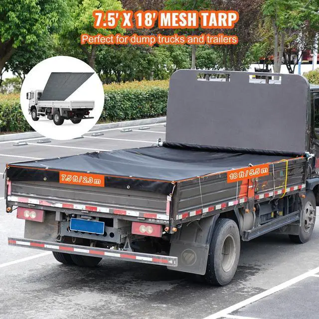 Alt view image 5 of 7 - Dump Truck Mesh Tarp, 7.5x18 ft, PVC Coated Black Heavy Duty Cover with 5.5" 18oz Double Pocket, Brass Grommets, Reinforced Double Needle Stitch Webbing Fits Manual or Electric Dump Truck System
