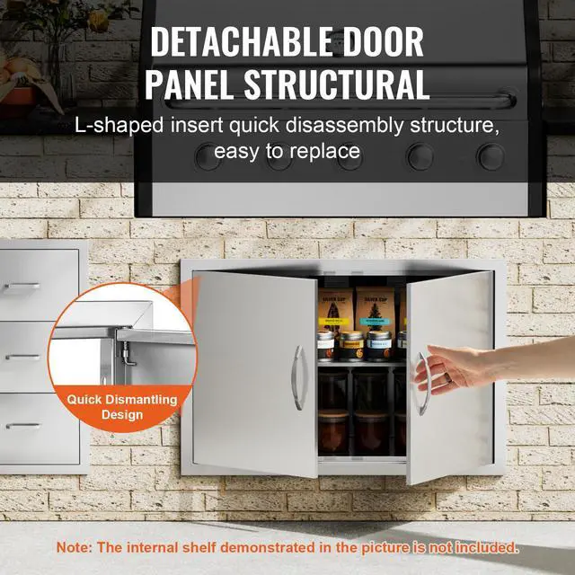 Alt view image 6 of 6 - BBQ Access Door, 33W x 22H Inch Double Outdoor Kitchen Door, Stainless Steel Flush Mount Door, Wall Vertical Door with Handles, for BBQ Island, Grilling Station, Outside Cabinet