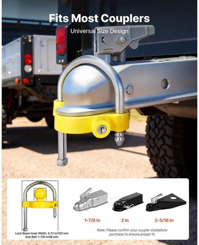 Alt view image 7 of 7 - Trailer Hitch Lock Kit, Fits for 1-7/8 in, 2 in, 2-5/16 in Couplers, Heavy-Duty Anti-Theft Trailer Ball Lock with Keys, Prying-Resistant, Adjustable Height Design for RVs, Boats, Trailers
