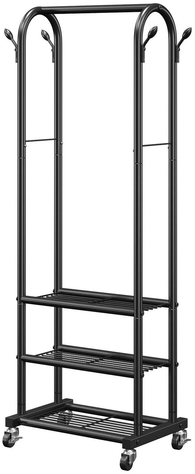 Alt view image 6 of 7 - Clothes Rack, Rolling Clothing Garment Rack with Hanging Rod and Side Hooks, 3 Storage Shelves, 99 lbs Load Capacity, Heavy Duty Carbon Steel Clothing Racks for Bedroom, Laundry, Living Room