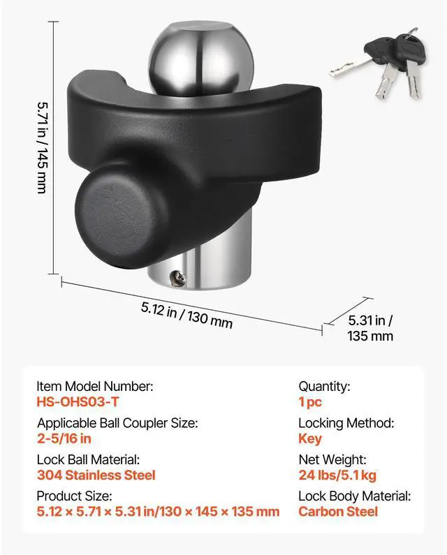 Alt view image 3 of 7 - Trailer Hitch Lock, Compatible with 2-5/16 in Couplers, Heavy-Duty Anti-Theft Trailer Ball Lock with 3 Keys, Prying-Resistant & Impact-Resistant, Fits for RVs, Boats, Off-Road Vehicles, Trailers