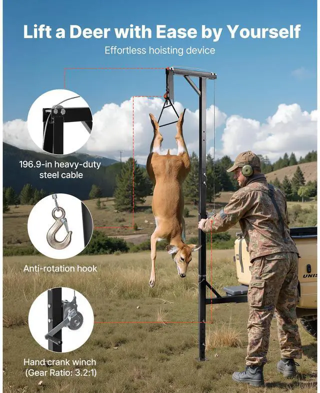 Alt view image 2 of 6 - Truck Hitch Game Hoist, 500 lbs Load Capacity, Hunting Deer Hoist with 2-inch Receiver, 360-Degree Swivel Shaft & Adjustable Height, Includes Gambrel Winch for Skinning & Cleaning Game