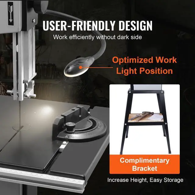 Alt view image 4 of 7 - Band Saw with Stand, 10-Inch, 560 & 1100 RPM Two-Speed Benchtop Bandsaw, 370W 0.5HP Motor with Metal Stand Optimized Work Light Workbench Fence and Miter Gauge, for Woodworking Aluminum Plastic