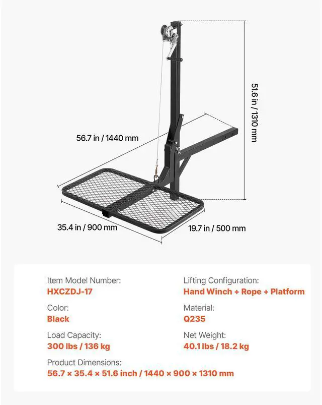 Alt view image 2 of 6 - Hitch Deer Hoist with Lifting System Platform, 300 lbs Load Capacity, Game Hoist Winch Lift with 2-inch Receiver, 360-Degree Swivel Shaft & Foldable, Hitch-Mounted Deer Hanger for Moving Game